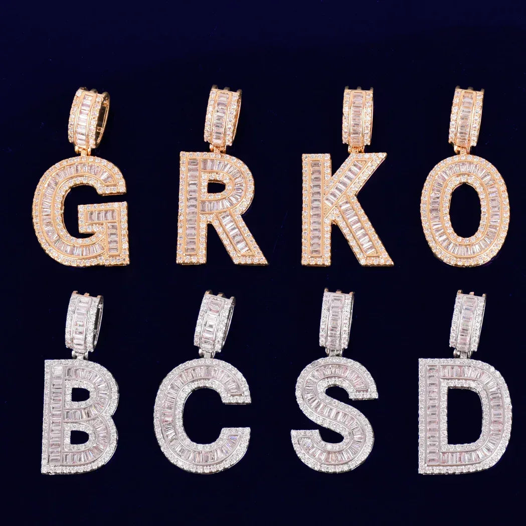 Solid Baguette Letters Iced Out Personalized Custom Name Necklace Pendant - Luxury Custom Jewelry - CaratixJewelry